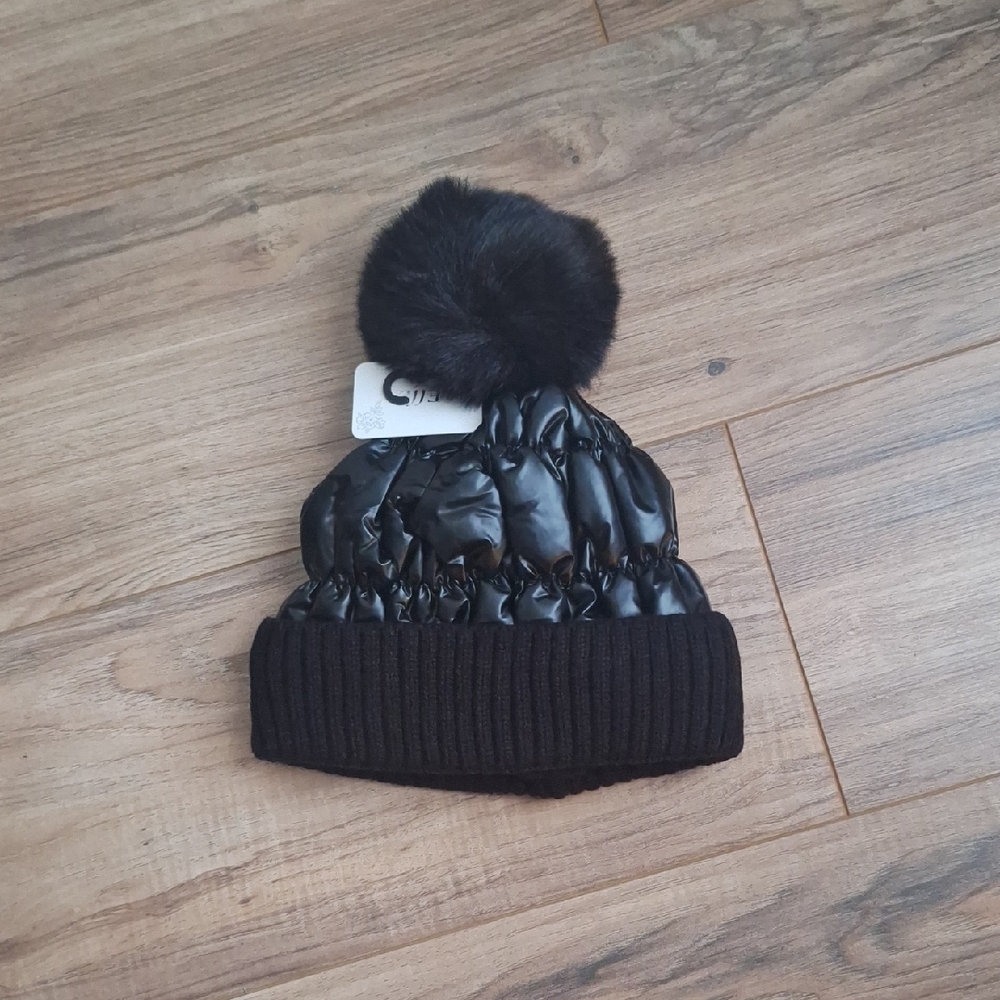 Luxe Quilted Puffer Beanie with Faux Fur Pom